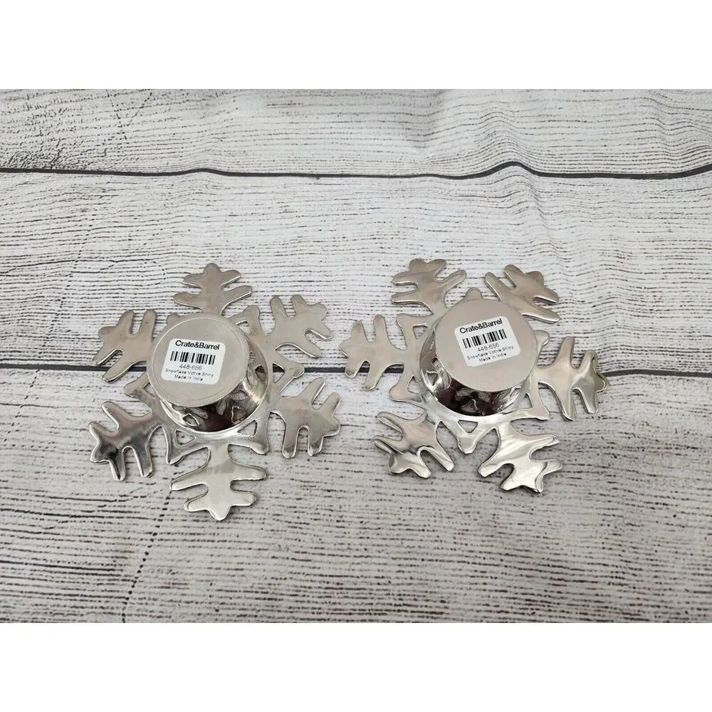 Crate & Barrel Snowflake Votive Candle Holders Chrome Silver Set of 2